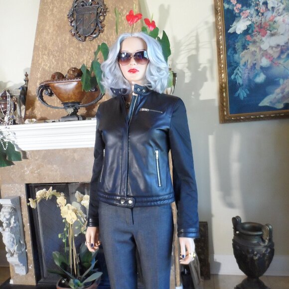 DKNY Black Lamb Leather Moto Jacket Size P - Picture 1 of 16